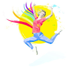 Fototapeta na wymiar Young woman jumping and is full of energy - Illustration