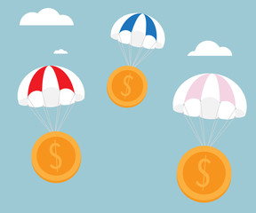 parachute with gold money coins