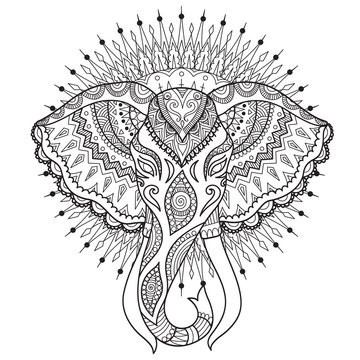 Elephant head on mandala circle background for t shirt design, print on products, adult or kids coloring book page. Vector illustration,