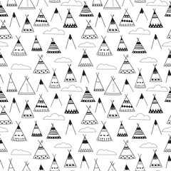 Indian wigwams black and white seamless background. Various wigwams, mountains and clouds - 145737790