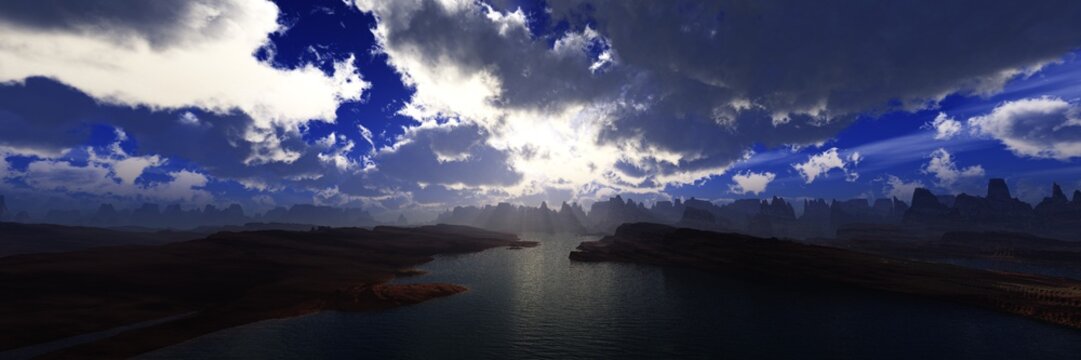 Panorama of the canyon at sunset, beautiful mountain landscape with a river, 3d rendering
