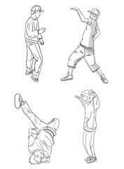 Fototapeta premium A set of dancers. Four different guys dressed in dance modern dances on a white background. Illustration in the outline eps 10 illustration