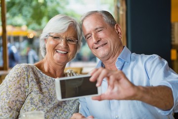 Happy senior couple taking selfie on mobile phone