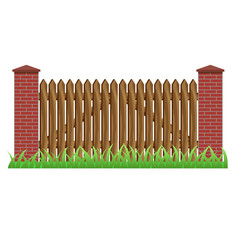 Fence with brick pillars and wood gate