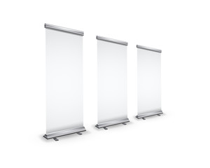 Three blank realistic roll-up banners with shadow in perspective view on white