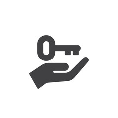 Hand holding up key icon vector, filled flat sign, solid pictogram isolated on white. Symbol, logo illustration. Pixel perfect