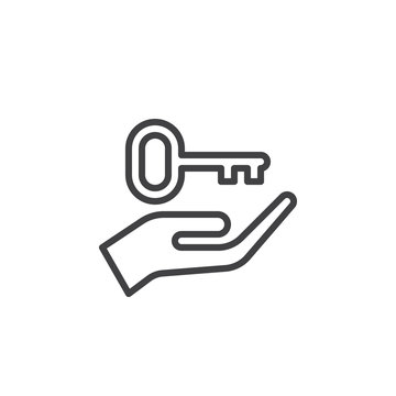 Hand Holding Up Key Line Icon, Outline Vector Sign, Linear Style Pictogram Isolated On White. Symbol, Logo Illustration. Editable Stroke. Pixel Perfect