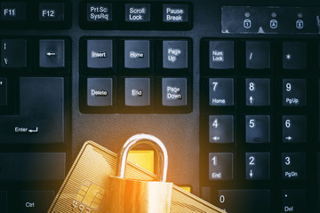Security lock on credit cards / Credit cards data encryption for security concept