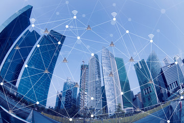 Smart cityscape and network connection concept, wireless signal of internet in high building city. Internet connection, E-commerce and social concept.