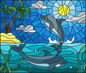 Obraz premium Illustration in stained glass style with a pair of dolphins on the background of water ,cloud, sky ,sun and Islands with palm trees