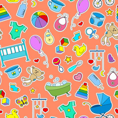 Seamless pattern on the theme of childhood and newborn babies, baby accessories and toys, simple color patches icons on orange background