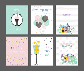 Happy Birthday greeting cards set.