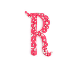 3d red pink text word letter R isolated on white background. Cute cartoon children's style figures handmade handicraft for clay plastiline