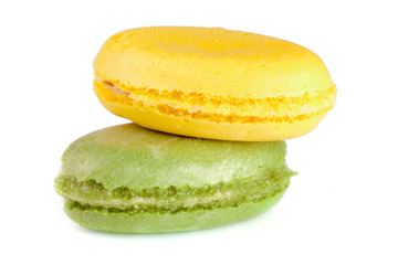 Two macaroons isolated on white background closeup