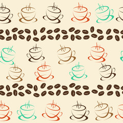 Coffee seamless background for your design. Vector pattern with coffee beans and cups on beige.