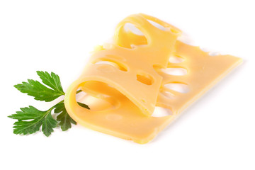 cheese slice with leaf parsley isolated on white background cutout