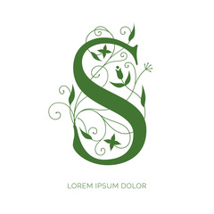 S letter floral design. Creative letter vector logo design. Letter decorated with swirls and flowers ornaments