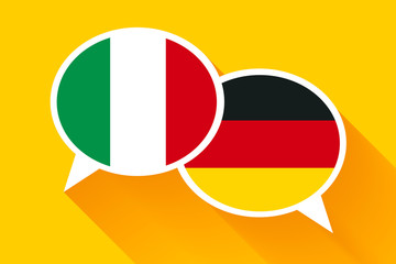 Two white speech bubbles with Italian and German flags