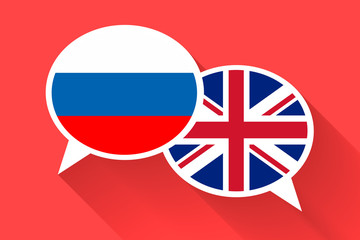Two white speech bubbles with Russia and Great britain flags