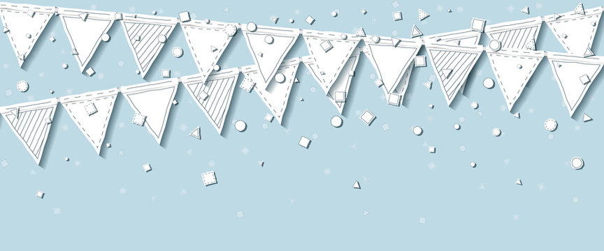 Garland Flags. Classy Celebration Card With White Stitched Cutout Paper Garland Flags And Confetti On Blue Background. Party Background With Paper Decorations. Vector Illustration.