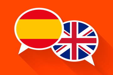 Two white speech bubbles with Spain and Great britain flags