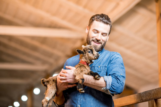 Handsome farmer taking care of cute goat baby at the barn