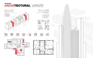 Architectural layouts in Trendy polygonal  line composition. Thin icons of buildings. Professional projects drawing. Awesome contour geometry style with pictogram of future for your design.