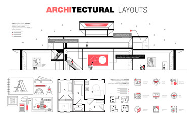 Architectural layouts in Trendy polygonal  line composition. Thin icons of buildings. Professional projects drawing. Awesome contour geometry style with pictogram of future for your design.