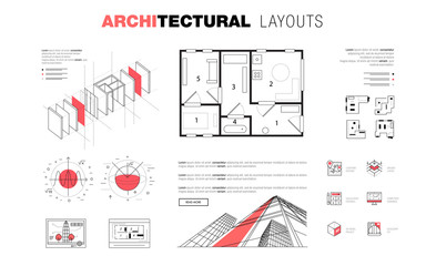 Architectural layouts in Trendy polygonal  line composition. Thin icons of buildings. Professional projects drawing. Awesome contour geometry style with pictogram of future for your design.