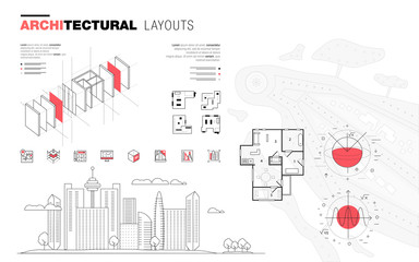 Architectural layouts in Trendy polygonal  line composition. Thin icons of buildings. Professional projects drawing. Awesome contour geometry style with pictogram of future for your design.
