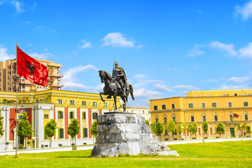 Monument to Skanderbeg in Scanderbeg Square in the center of Tirana, Albania - obrazy, fototapety, plakaty