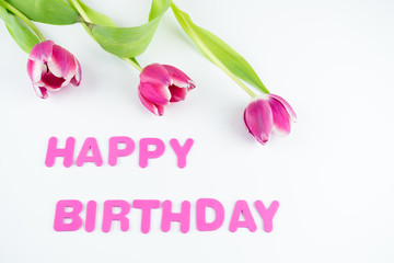 Die englischen Worte Happy Birthday in pink farbenen Buchstaben mit Tulpen isoliert auf weiß