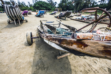 A fishing boat docked by the sea