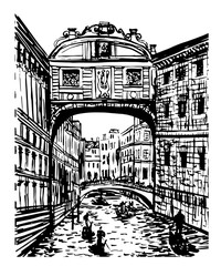 Drawing landscape view of the bridge of sighs in Venice, Italy, sketch of hand-drawn ink graphic vector illustration