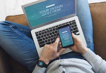 Top View Mockup of Smarphone, Smartwatch, and Laptop User 1