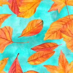 Fototapeta na wymiar Seamless pattern with vibrant watercolor leaves on turquoise