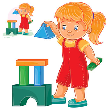 Vector illustration of a little girl building a tower of children s building blocks. Print