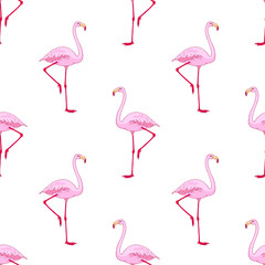 Fototapeta premium Vector pink flamingo bird seamless pattern. Hand drawn sketch with the wild animal