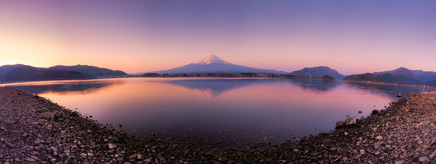 Panorama of mountain fuji with reflection in lake kawaguchi japan at sunrise time
