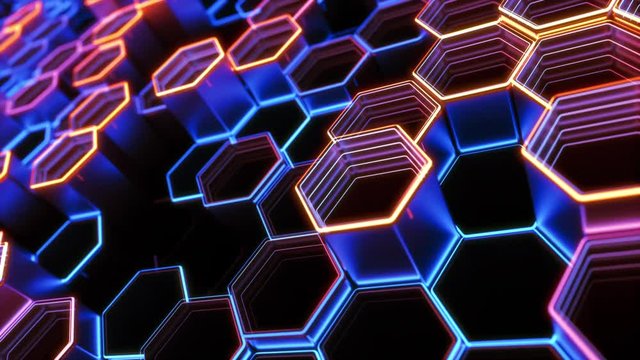 Low angle shot of camera moving diagonally over abstract hexagon shaped background. Seamlessly looping animation.