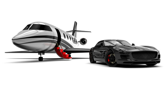 Private Jet and private sport car  / 3D render image representing an sport car with a red carpet and an airplane 