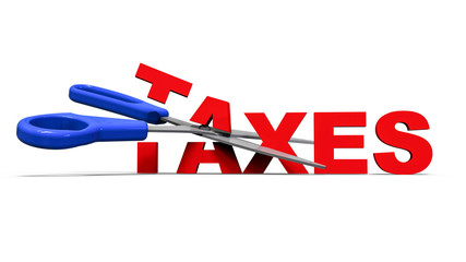 Cut taxes concept / 3D render illustration of the concept of lowering/cutting taxes. The composition is isolated on a white background with shadows. 