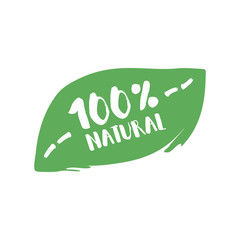 Hundred percent natural product letters in grunge leaf background. Vector logo illustration