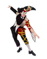 harlequin wearing a mask, isolated on white background in full length.