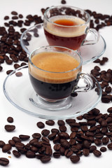 Coffee cup and beans on a white background.