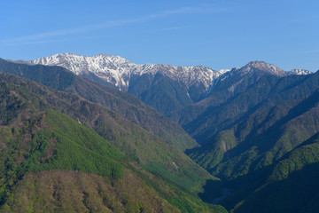 長野　残雪期の南アルプス南部の眺め