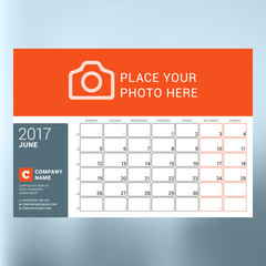Calendar planner template for June 2017. Week starts Monday. Design print vector template isolated on blurred background