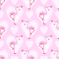 Fototapeta premium Vector pink flamingo bird seamless pattern. Hand drawn sketch with the wild animal. Romantic Valentines day style design with birds and hearts