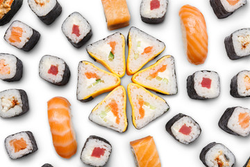 Set of sushi, maki and rolls isolated on white background