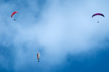 Paragliding in the blue sunny sky. One paraglider fly in summer sunny day in the clouds. Carpathians, Ukraine. Paragliding over the mountain valley.
